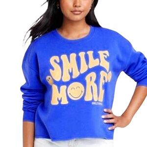 Smiley world sweatshirt Oversized blue yellow graphic sweater Cropped Top S-M